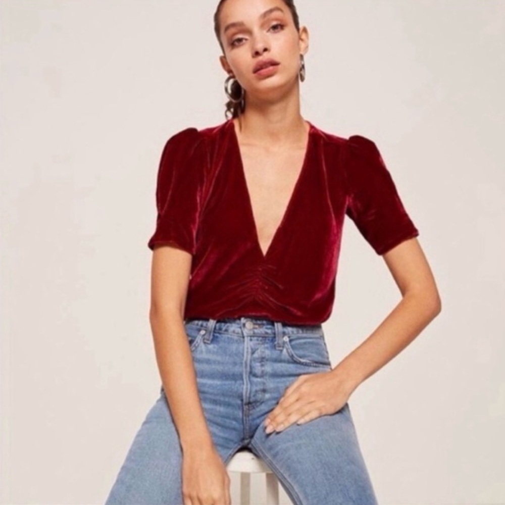 Reformation Deep Red Velvet Blouse
